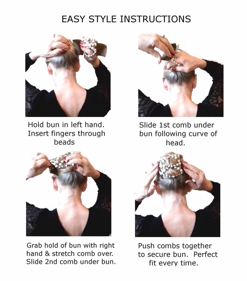 May include: Step-by-step instructions for creating a bun hairstyle. The image shows a person's head from the back, demonstrating how to use combs and beads to secure the hair. Text at the top reads "EASY STYLE INSTRUCTIONS".