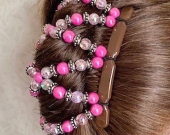 Hairgem ‘Pink Crystal’ hair accessory for French Twist, Bun maker, Fancy Hair Piece, Double Combed, Quality Elastic Holds hair all day.