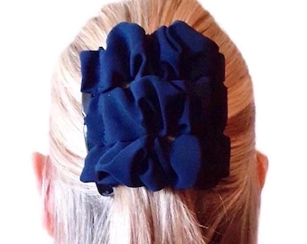 Navy Blue Two Comb Fabric Elasticated Hair Clip, Ponytail and Bun Maker, Strong Combs & Elastic. Handmade in UK
