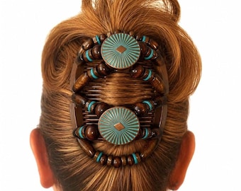 Teal Inca Dark Wood Two Comb Elasticated Beaded hair clip, Ponytail & Bun Maker, strong Combs and elastic. Handmade in UK