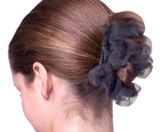 Black Organza Two Comb Fabric Elasticated Hair Clip, Ponytail and Bun Maker, Strong Combs & Elastic. Handmade in UK