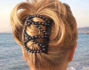 Total Iridescent Two Comb Elasticated Beaded Hair Clip, Bun Maker, French Twist Holder. Handmade UK