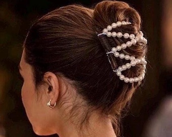 White Pearls Two Comb Beaded Elasticated hair clip, Ponytail & Bun Maker. Handmade in UK