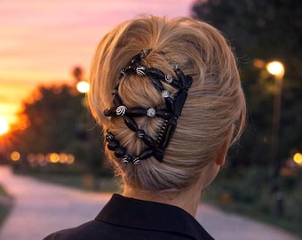 Black with an Ornate Swirl Two Comb Elasticated Beaded hair clip, Ponytail & Bun Maker, strong Combs and elastic. Handmade in UK