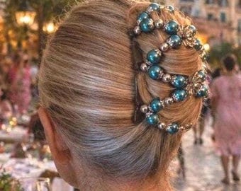 Ultimate Range Two Comb Elasticated Beaded hair clip, Ponytail & Bun Maker, strong Combs and elastic. Handmade in UK
