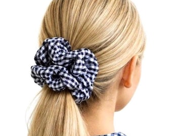 Navy Gingham Two Comb Fabric Elasticated Hair Clip, Ponytail and Bun Maker, Strong Combs & Elastic. Handmade in UK
