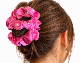 Pink Sequin Two Comb Fabric Elasticated Hair Clip, Ponytail and Bun Maker, Strong Combs & Elastic. Handmade in UK