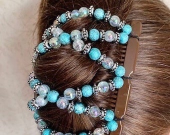Hairgem ‘Sky Blue Crystal’ hair accessory for French Twist, Bun maker, Fancy Hair Piece, Double Combed, Quality Elastic Holds hair all day.