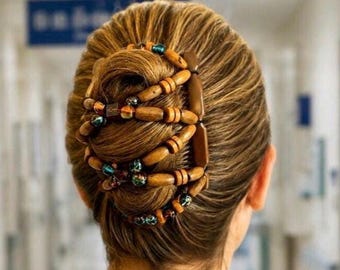 Dappled Orchard Two Comb Elasticated Beaded hair clip, Ponytail & Bun Maker, strong Combs and elastic. Handmade in UK