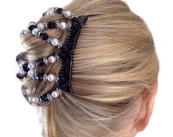 Ornate Pearl with Black Facet Two Comb Elasticated Beaded hair clip, Ponytail & Bun Maker, strong Combs and elastic. Handmade in UK