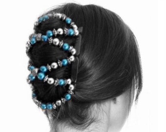 Hairgem Ornate Silver and Blue AND Green and Navy Blue beaded Hair Accessory for thin or thick Hair, Double Comb with Elastic, Hair Clip
