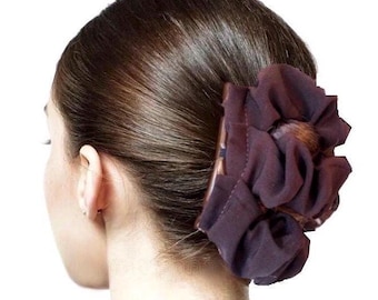 Brown Two Comb Fabric Elasticated Hair Clip, Ponytail and Bun Maker, Strong Combs & Elastic. Handmade in UK