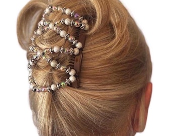 White Crystal Two Comb Beaded Elasticated Hair Clip, Ponytail Bun Maker, Handmade in UK