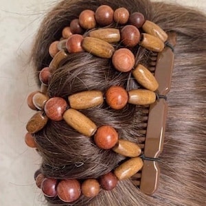 Hairgem ‘Shades of Brown’ wood beaded Hair Accessory, Double Hair Combs for French Twist Holder, Bun Maker, Ponytail, Strong Combs