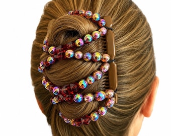 Amber Iridescent Two Comb Elasticated Beaded hair clip, Ponytail & Bun Maker, strong Combs and elastic. Handmade in UK