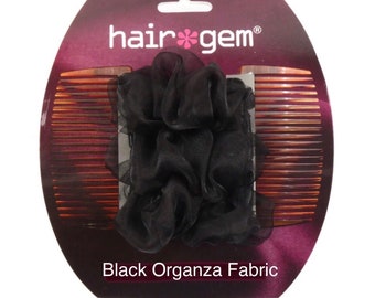 HairGem ‘Black Organza Fabric’ Material Hair Accessory, Double Hair Combs, Bun Maker, Ponytail, Strong Combs and elastic