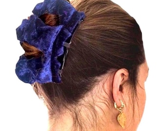 Navy Blue Velvet Crush Fabric Two Comb Elasticated Hair Clip, Ponytail and Bun Holder, Handmade in UK