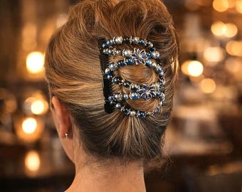 Blue Sparkling Fantasy Two Comb Elasticated Beaded hair clip, Ponytail & Bun Maker, strong Combs and elastic. Handmade in UK