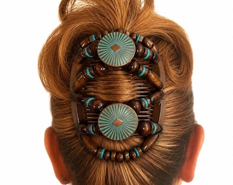 Teal Inca Dark Wood Two Comb Elasticated Beaded hair clip, Ponytail & Bun Maker, strong Combs and elastic. Handmade in UK