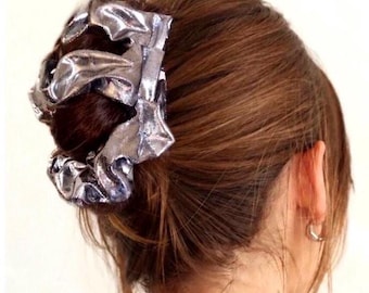 Silver Two Comb Fabric Elasticated Hair Clip, Ponytail and Bun Maker, Strong Combs & Elastic. Handmade in UK
