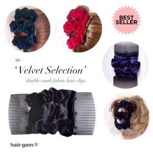 Velvet Auswahl Zwei Kamm Elastisch Stoff Haarspangen. Pferdeschwanz & Dutt Maker. Erhältlich in Schwarz, Flaschengrün, Marineblau und Rot