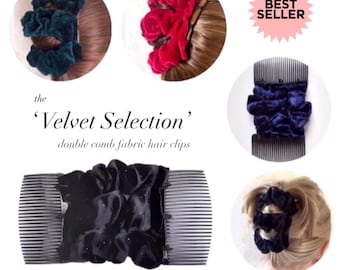 Velvet Selection Two Comb Elasticated Fabric hair clips. Ponytail & Bun Maker. Available in Black, Bottle Green, Navy Blue and Red