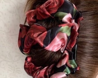 Hairgem ‘Night Roses’ material Double Hair Combs, French Twist Holder, Bun Maker, Ponytail, Strong Combs and elastic.
