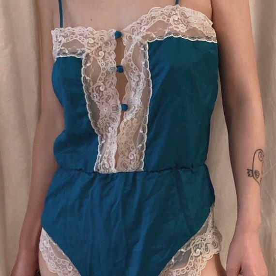 Vintage 90s blue bodysuit lingerie with lace open… - image 4