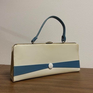 Vintage 1950 unbranded evening purse costume handbag creamy with blue handle not real leather!