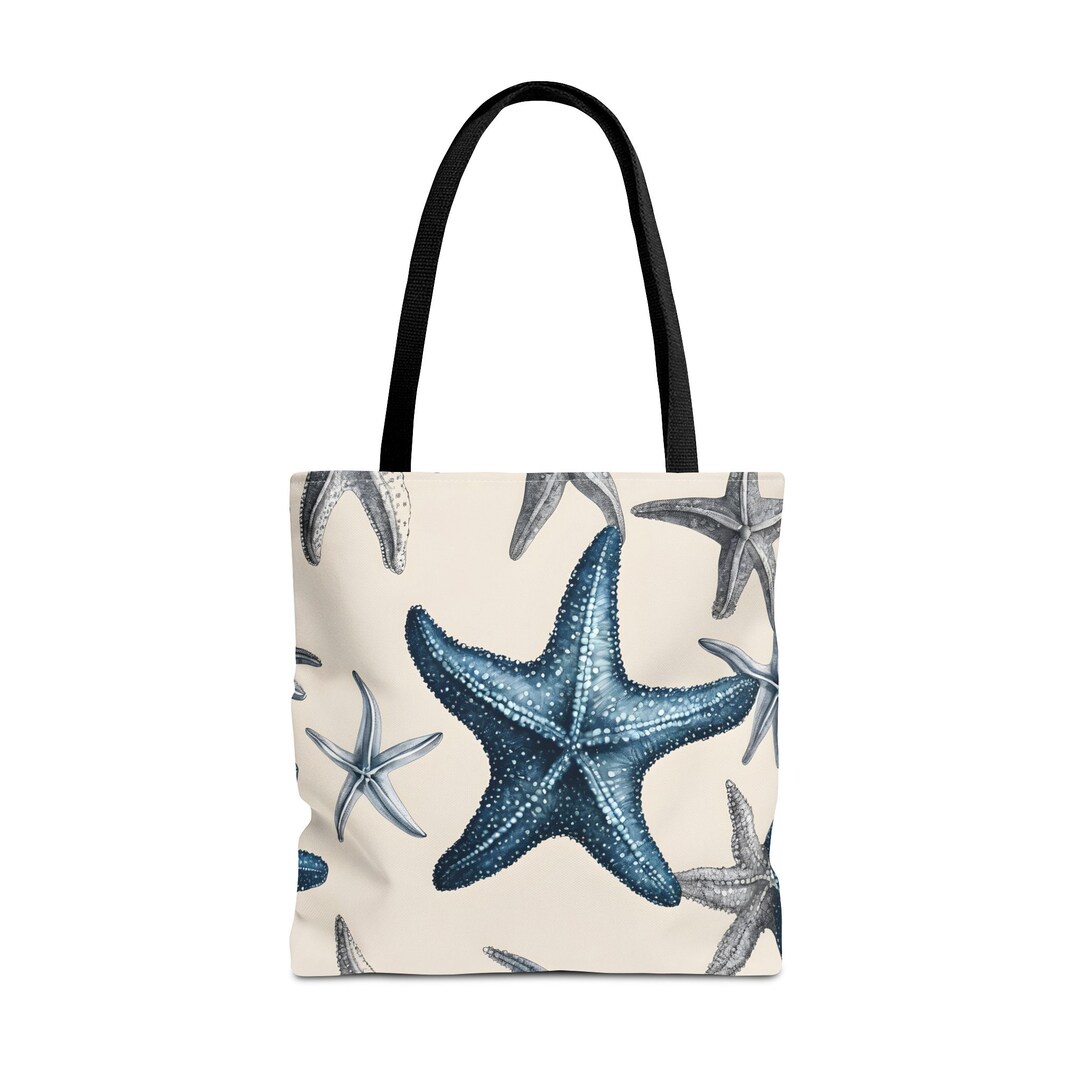 Gray and Blue Starfish Tote Bag Eco-friendly Reusable Shopping