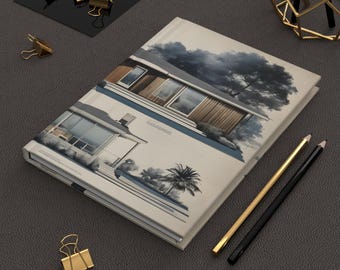 Mid-Century Modern Journal, Blue Brown Architectural Sketch Notebook, Hardback Lined Pages, Retro Design Writing Gift