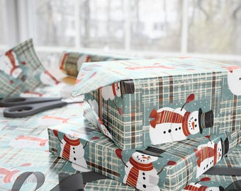 Mid-Century Modern Wrapping Paper - Vibrant Christmas Snowman with blue and plaid background 3 Sizes, Matte or Glossy Finish