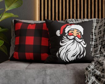 Santa Pillow Cover (1), Buffalo Plaid Reverse, Double-Sided Print, Various Sizes, Festive Holiday Decor