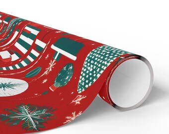 Red Mid-Century Modern Wrapping Paper - Vibrant Christmas Scene with Trees, Ornaments & Gifts, 3 Sizes, Matte or Glossy Finish