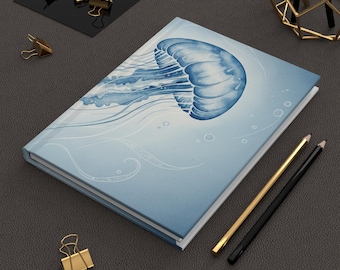 Blue Jellyfish Journal Ocean Notebook Marine Life Hardback Lined Pages Coastal Writing Journal Sea Art Gift for Beach Lovers