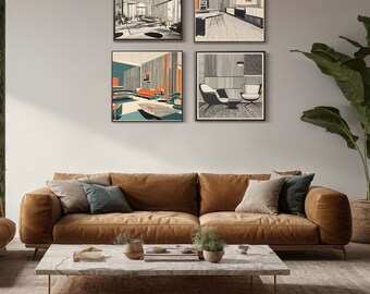 Set of 4 Teal Orange Painting Art Print in Wood Frame, Mid-Century Modern Wall Decor, Large Canvas Print, Living Room Affiche