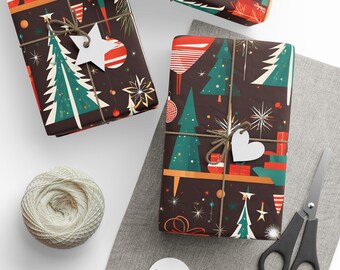 Black Mid-Century Modern Wrapping Paper - Vibrant Christmas Scene with Trees, Ornaments & Gifts, 3 Sizes, Matte or Glossy Finish
