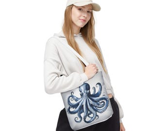 Blue Octopus Tote Bag Ocean Inspired Reusable Shopping Bag Coastal Beach Tote Eco Friendly Gift for Sea Lovers Nautical Everyday Bag