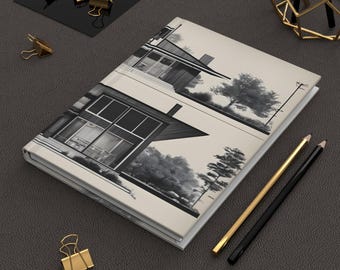 Mid-Century Modern Journal, Black Gray Architectural Sketch Notebook, Hardback Lined Pages, Retro Design Writing Gift
