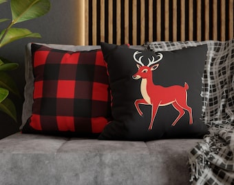 Reindeer Pillow Case (1), Buffalo Plaid Reverse, Double-Sided Print, Various Sizes, Festive Holiday Decor