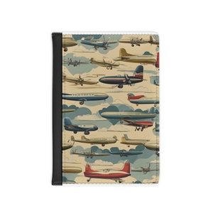 Faux Leather Passport Holder with Retro Aviation Blimps and Aircraft Design