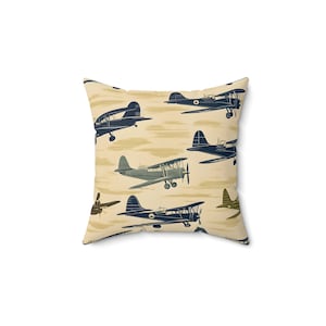 Vintage Retro Airplane Pillow with Blue and Green Airplanes on a Cream Background