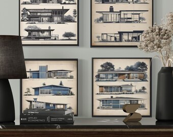 Set of 4 Mid-Century Modern Architecture Drawings Digital Download with hues of blue and brown in square ratio.