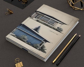 Mid-Century Modern Journal, Blue Gray Architectural Sketch Notebook, Hardback Lined Pages, Retro Design Writing Gift