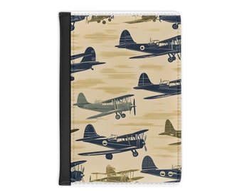 Vintage Airplane Faux Leather Passport Cover in Blue and Green