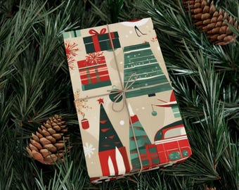 Mid-Century Modern Christmas Wrapping Paper, Vintage Holiday Design, Matte & Gloss Finishes, 3 Sizes, Perfect for Retro Gift Wrapping