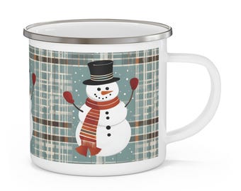 Mid-Century Modern Snowman Camping Mug w/Blue Plaid Background, 12oz Durable Enamel, Retro Holiday Design, Perfect for Outdoor Adventures