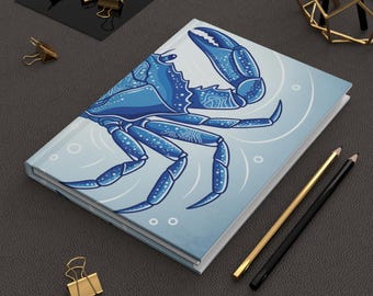 Blue Crab Journal Coastal Ocean Notebook Marine Life Hardback Writing Journal Beach Lover Gift Matte Cover Lined Pages Nautical Sea Diary