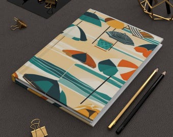 Retro Beach Umbrella Journal Coastal Summer Notebook with Lined Pages Hardback Writing Journal Vintage Beach Art Gift Matte Hardcover Diary