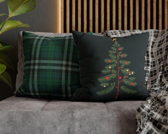 Christmas Tree Pillow Cover (1), Beautiful Dark Green Plaid Reverse, Double-Sided Print, Various Sizes, Festive Holiday Decor